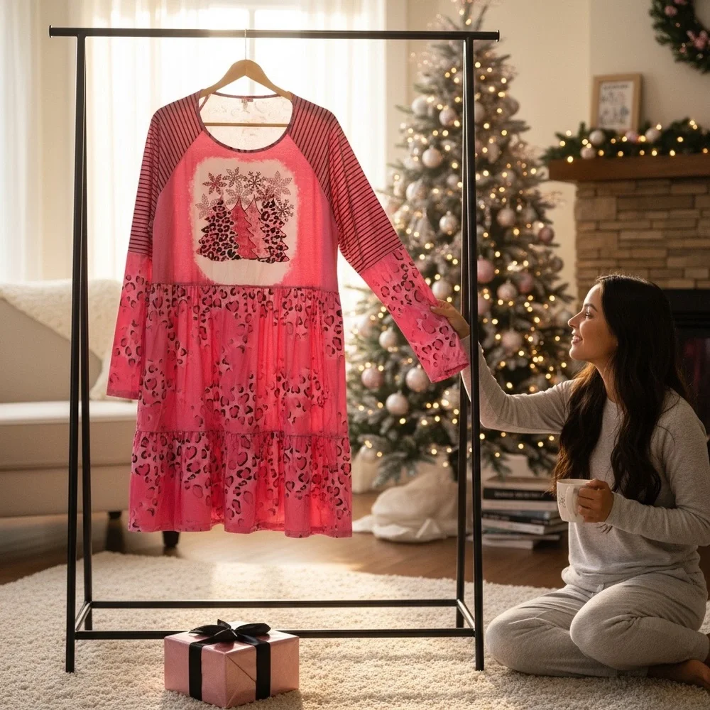 Pink Leopard Christmas Tree Dress 4X | Cozy Holiday Vibes NWOT - Picture 4 of 15